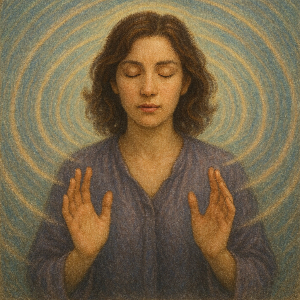 psychic practicing empath abilities, focusing on sensing emotions, with gentle energy waves around them