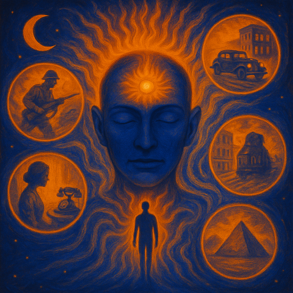 A person experiencing postcognition, with a glowing mind's eye and vivid scenes from the past appearing around their head.