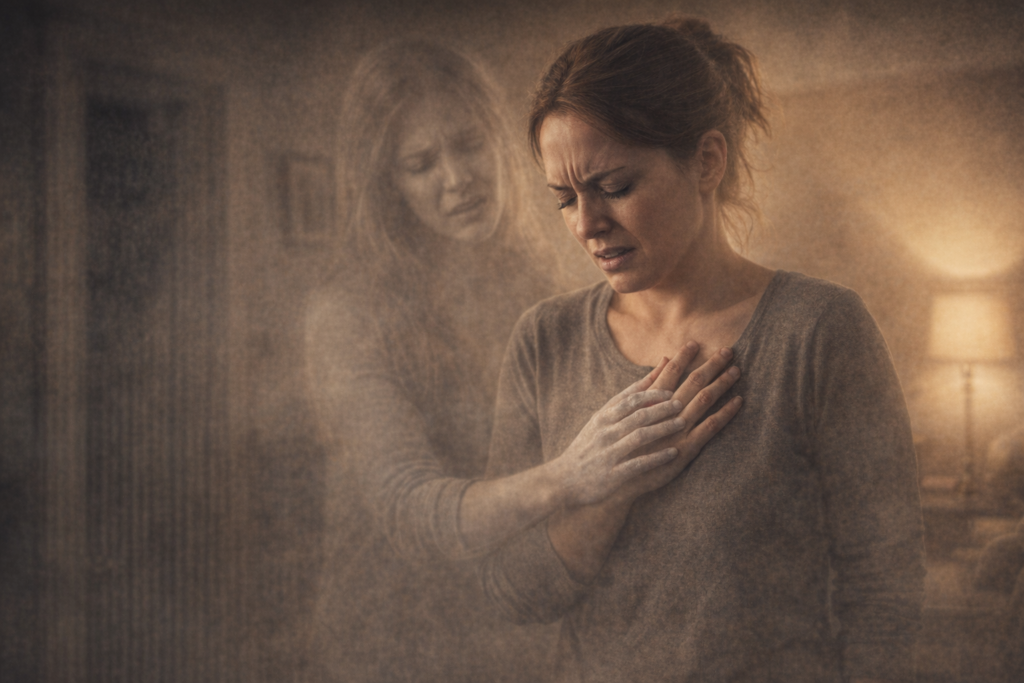 A woman grips her chest in distress as a ghostly figure places its hand over hers, sensing emotional pain.