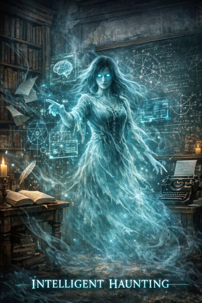 Image representing an intelligent haunting of a full-bodied apparition in what appears to be a library.