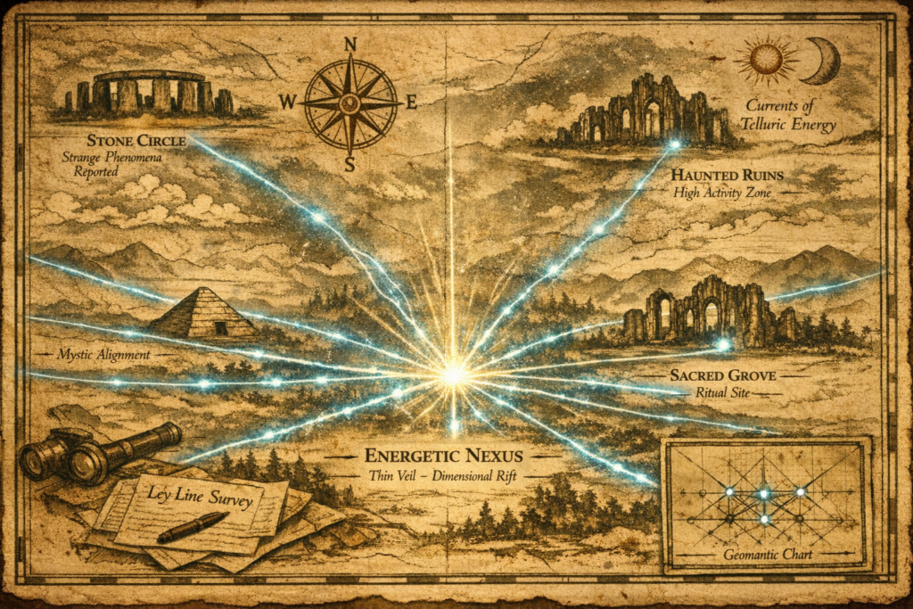 A parchment map traces glowing ley lines between ancient sites, converging at a central nexus labeled “Thin Veil.”
