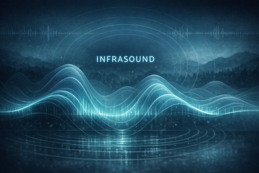 Soft, low‑frequency waveforms ripple through a dark atmospheric field, visualizing the slow, heavy movement of infrasound.