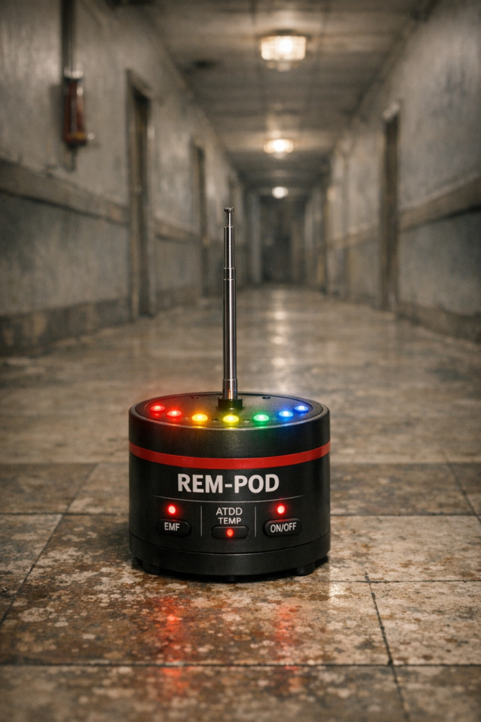 A REM Pod glows with multicolored LEDs in a shadowy hallway, its antenna raised as if awaiting a spectral disturbance.