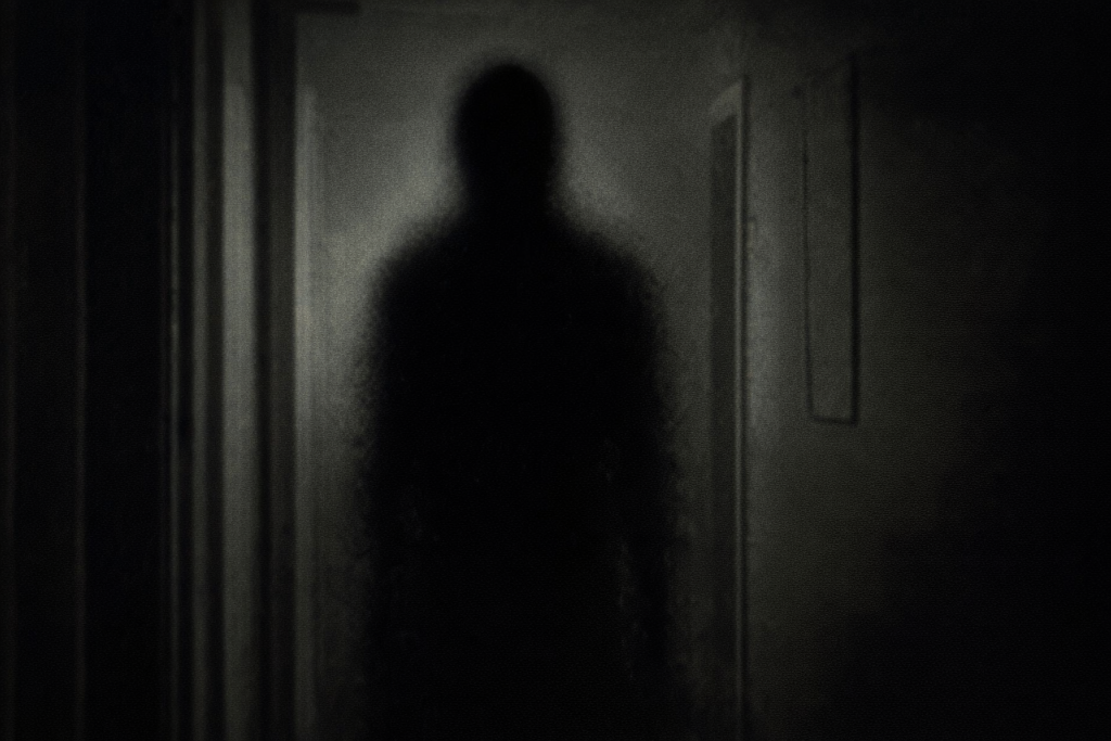 A dense, featureless shadow figure stands at the end of a dim hallway, appearing as a solid void darker than the surrounding darkness.