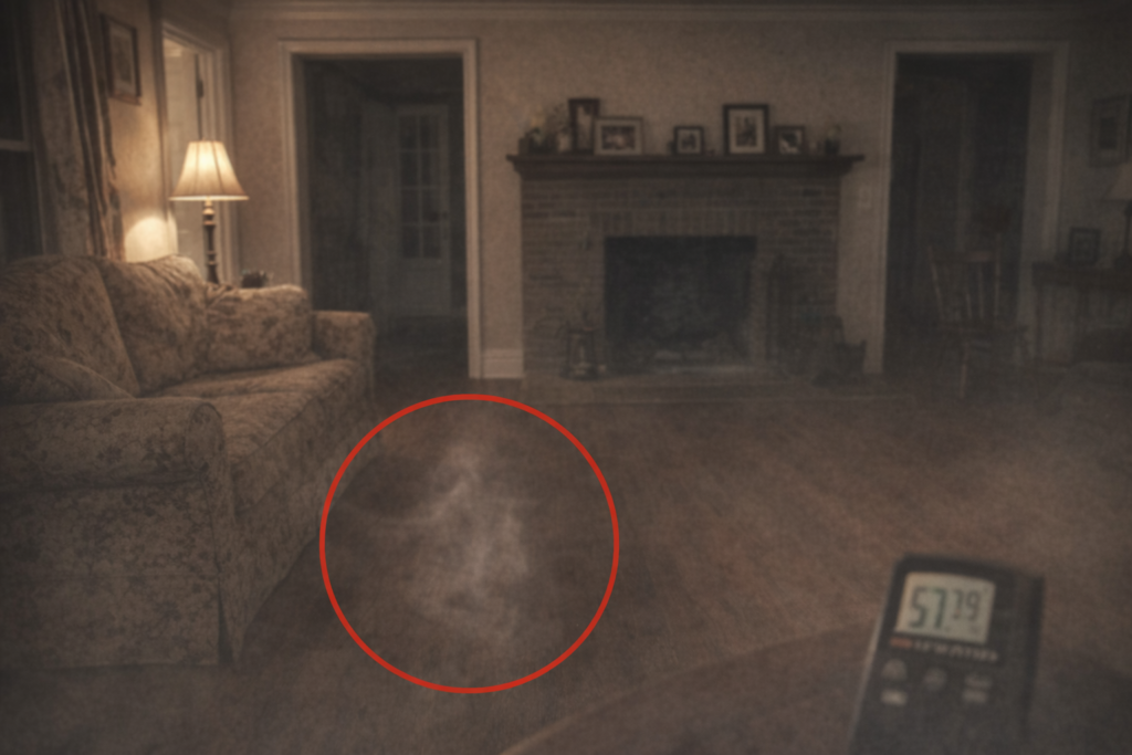 A simulated smoky anomaly floats above the floor in a dim living room, circled in red near a digital thermometer.