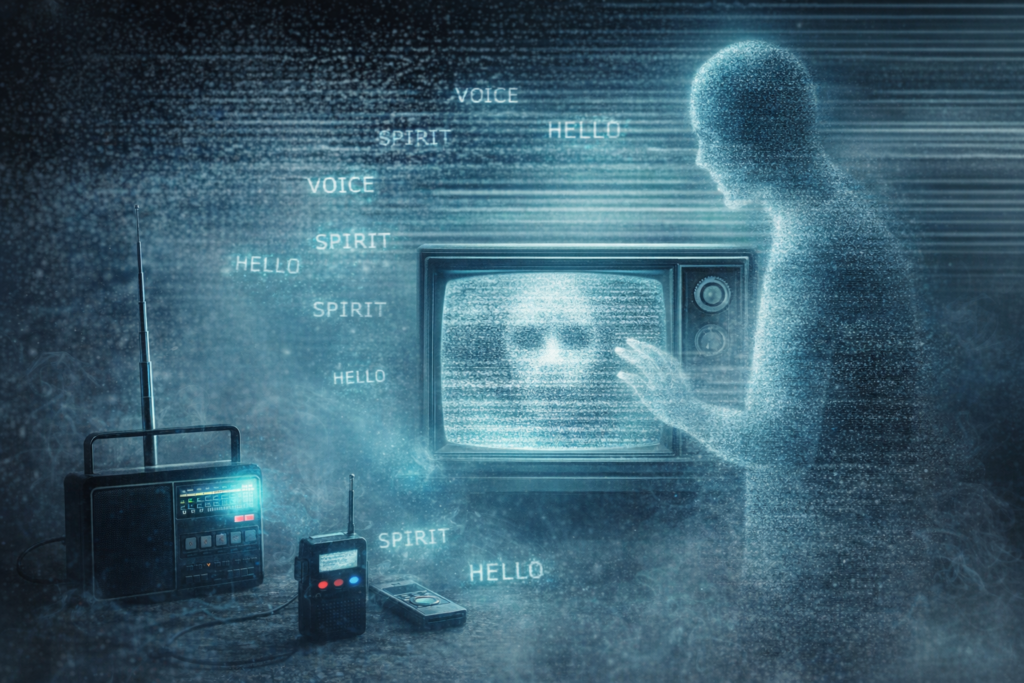 A ghostly silhouette emerges from swirling static as multiple ITC devices glow with captured voices and fragmented faces.