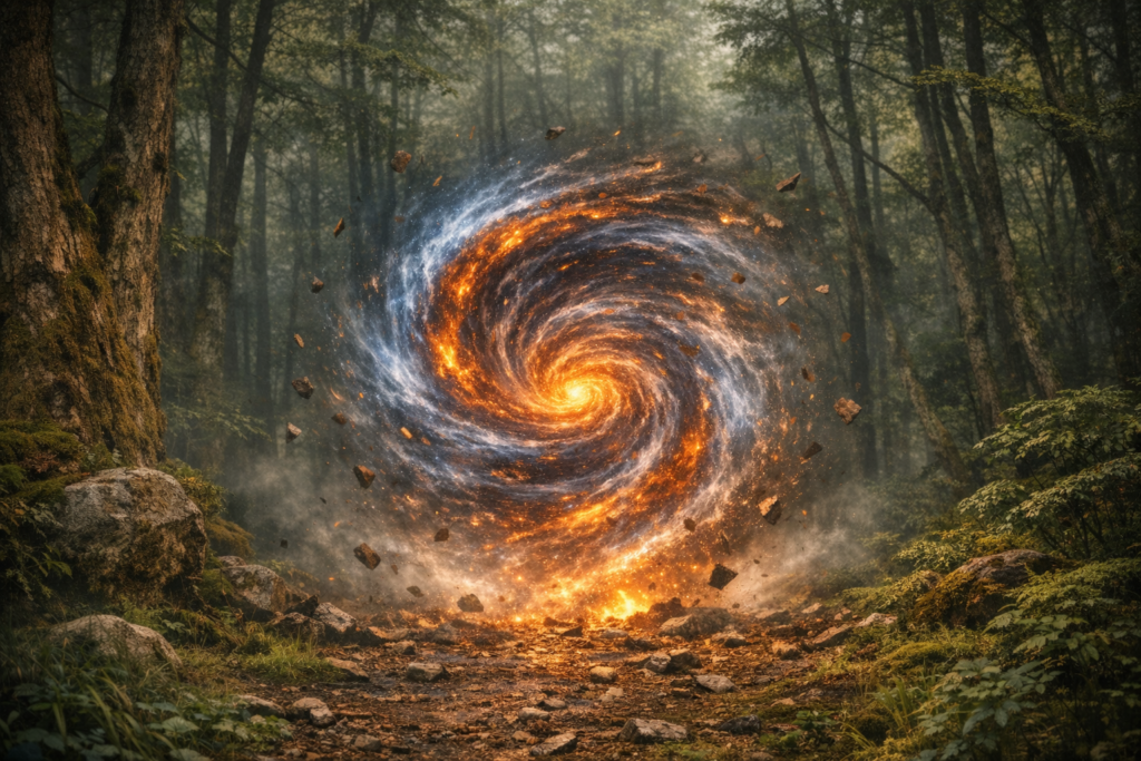 A vortex of spiraling energy glows at the heart of a dense forest clearing, pulling leaves and debris into its magnetic swirl while mossy trees and underbrush frame the scene.
