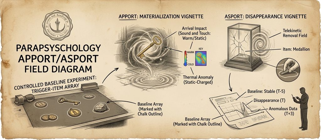 Parapsychological field diagram on parchment illustrating apports and asports, featuring trigger-item chalk arrays, materialization swirls around an antique key with thermal data, a vanishing medallion in a cracked glass display, and monitoring graphs.