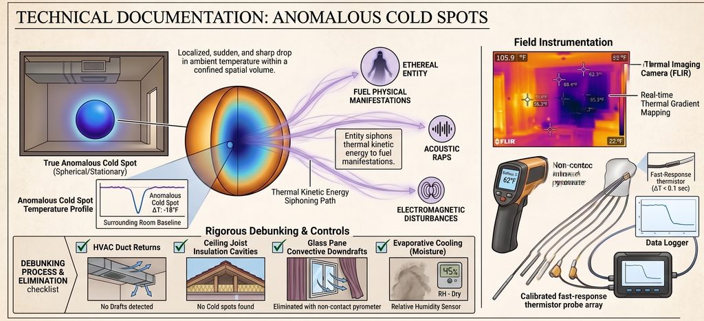 Technical diagram detailing anomalous cold spots, showing thermal kinetic energy siphoning into paranormal manifestations alongside debunking controls and field instrumentation like FLIR and thermistors.