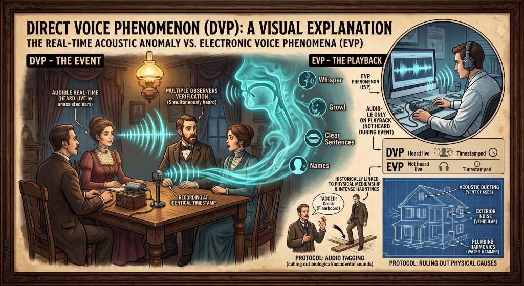 An illustrative infographic contrasting Direct Voice Phenomenon (DVP), depicted as an anomalous real-time acoustic event heard live by multiple investigators, with Electronic Voice Phenomena (EVP) heard only during digital playback, alongside diagrams detailing field protocols for audio tagging and ruling out physical environmental noises.