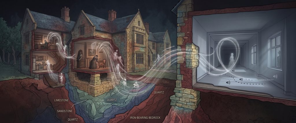 A multi-panel illustrated cross-section of a gothic manor and its deep rock foundations. On the left, transparent spectral figures and swirling energy trails are shown leaving a Victorian-era domestic scene and being absorbed into specific bedrock layers (Limestone, Quartz, Sandstone, Iron-bearing bedrock). Labels point to 'STORED ENERGETIC SIGNATURES' and 'MINERAL-DENSE STRUCTURES'. The right panel, separated by an exposed section of limestone, shows an empty, modern corridor where faint, visual and auditory echoes (represented by 'sound wave' icons) are looping in a predictable path, labeled 'NON-CONSCIOUS LOOP'. Below the surface, labels explain that emotional trauma is recorded into the stone like magnetic tape, later replayed as a residual haunting under specific environmental conditions (high humidity, barometric changes).